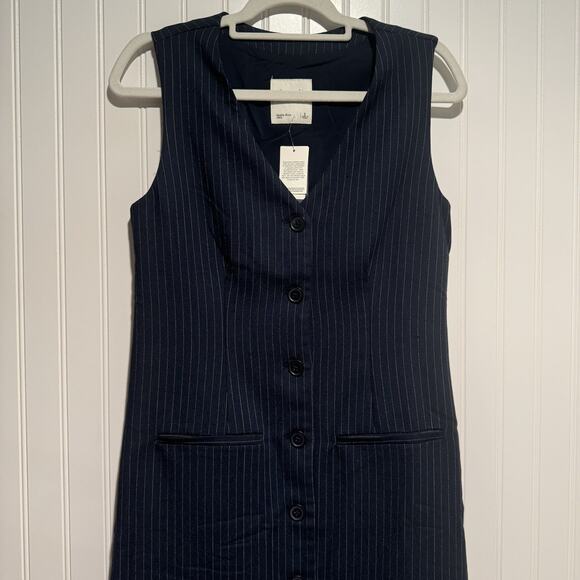 Abercrombie Fitch Navy Blue Pinstripe Mara Vest Midi Dress NEW Size Small - Picture 2 of 7